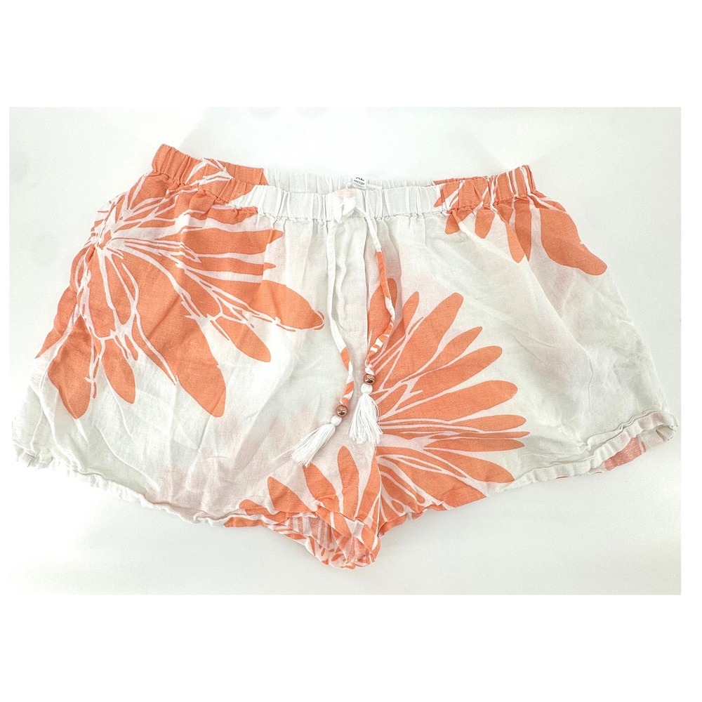 Turks & Caicos Women XL Orange White Tropical Floral Linen‎ Blend Tassel Shorts